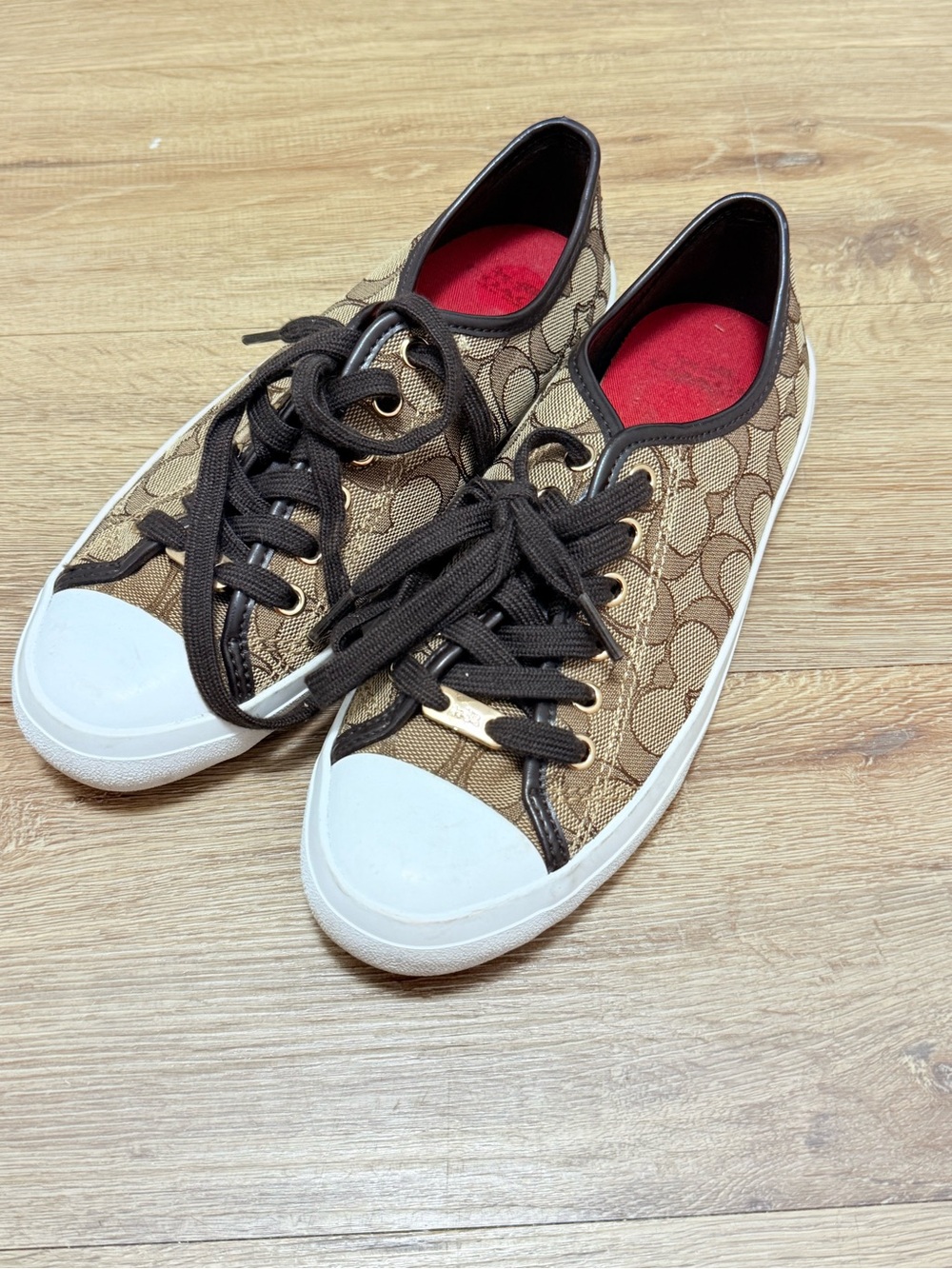 Y2K Coach Brown Signature Canvas Low-Top Sneakers with White Toe Cap